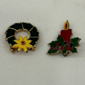 Pair of Enamel Christmas Brooch Pins Wreath with Poinsettia and Candle & Holly